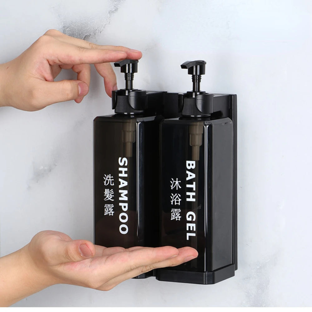 Wall-mounted hotel shampoo and shower gel bottles with hand sanitizer boxes and manual soap dispensers, no punching required.