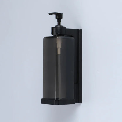 Wall-mounted hotel shampoo and shower gel bottles with hand sanitizer boxes and manual soap dispensers for bathroom use.
