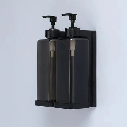 Wall-mounted hotel shampoo and shower gel bottles with manual soap dispensers and hand sanitizer boxes, no punching required.