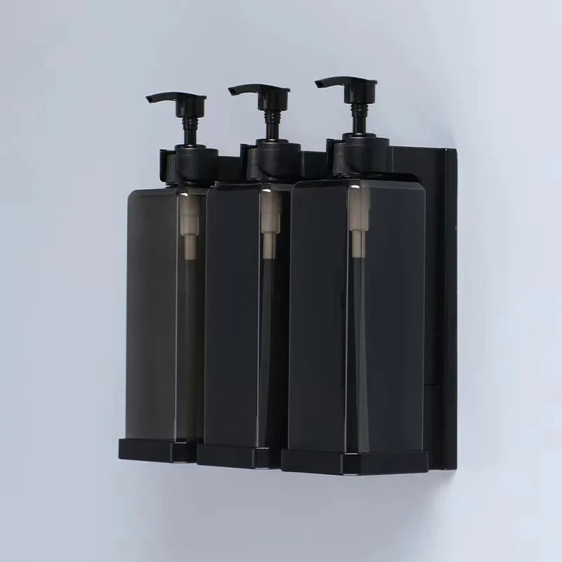 Wall-mounted hotel shampoo and shower gel bottles with hand sanitizer and soap dispensers, no punching needed, from BackupMyFilesNow.com.