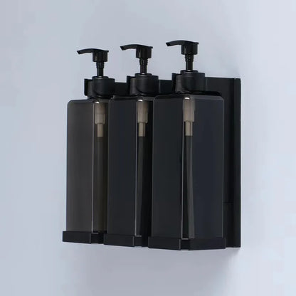 Wall-mounted hotel shampoo and shower gel bottles with hand sanitizer and soap dispensers, no punching needed, from BackupMyFilesNow.com.