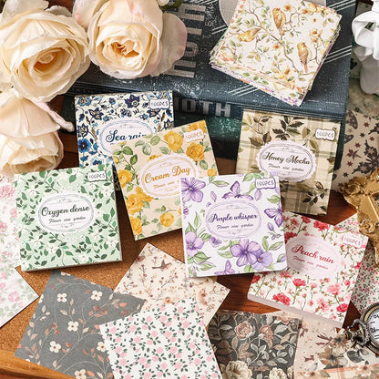 Assorted vintage-style paper sheets for scrapbooking, journaling, and crafting, featuring decorative retro stationery supplies.
