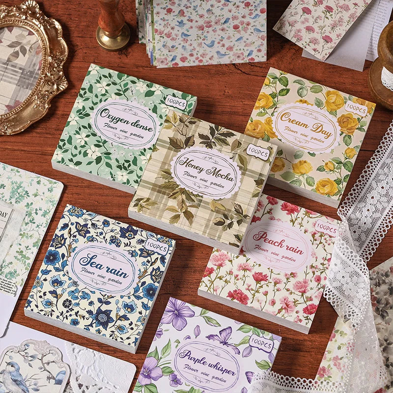 Assorted vintage paper stationery supplies including decorative writing paper, junk journal labels, and scrapbooking materials.