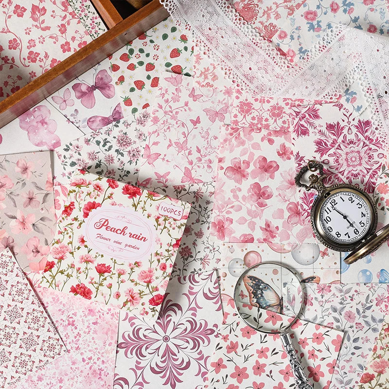 Set of 100 vintage paper stationery supplies with multi-style deco retro writing paper, ideal for junk journals and scrapbooking.