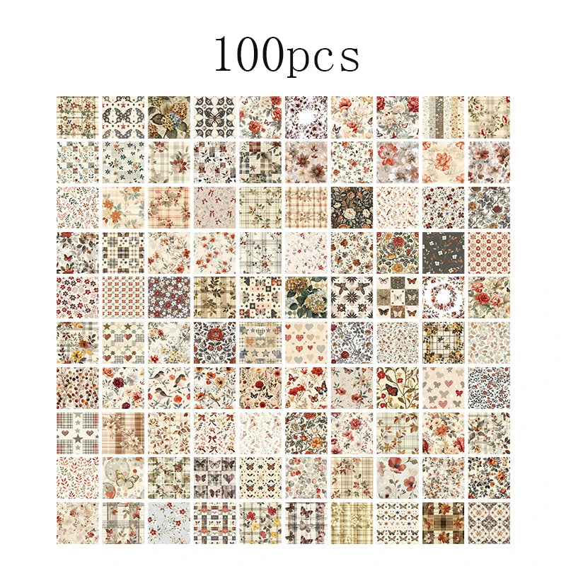Set of 100 vintage-style decorative writing papers and labels for scrapbooking, junk journals, and stationery craft projects.