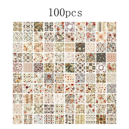 Set of 100 vintage-style decorative writing papers and labels for scrapbooking, junk journals, and stationery craft projects.