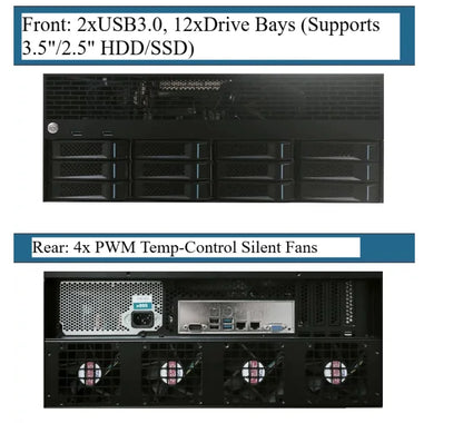 12-bay NAS private cloud storage device by BackupMyFilesNow.com with Gigabit and 10GbE network ports, media server with hardware transcoding