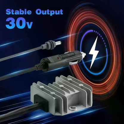 Measurement tool accessory for Starlink Mini Boost power cord, showing a compact device with input/output ports and digital display.