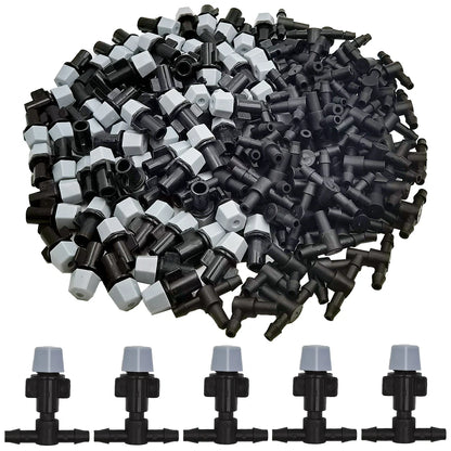WUJIE 20-pack plastic garden watering sprinkler heads with nozzles and tee joints for irrigation and misting systems.