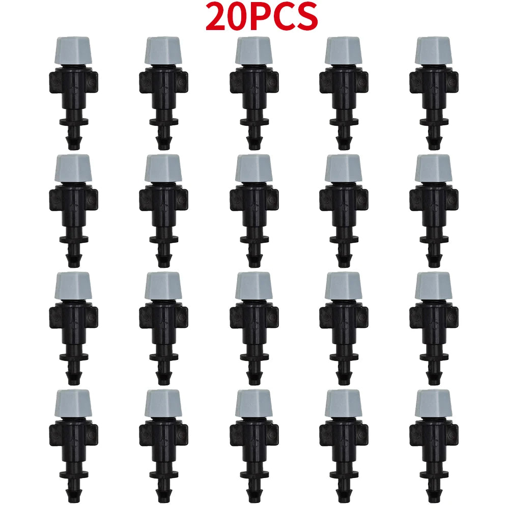 WUJIE 20-pack plastic garden watering misting sprinkler heads with nozzles and tee joints for irrigation systems.