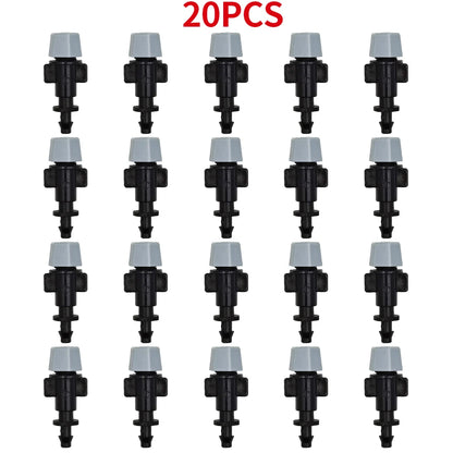 WUJIE 20-pack plastic garden watering misting sprinkler heads with nozzles and tee joints for irrigation systems.