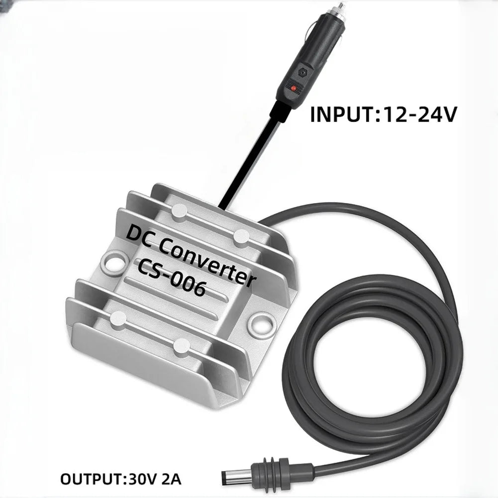 DC step-up booster power converter adapter showing input and output ports for Starlink Mini and Gen 3, with compact design and cables.