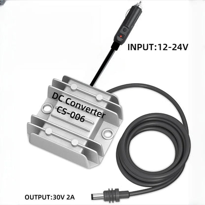 DC step-up booster power converter adapter showing input and output ports for Starlink Mini and Gen 3, with compact design and cables.