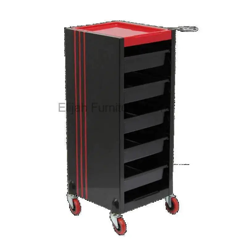 Black cosmetology salon trolley with multiple shelves, wheels, and storage for esthetician and beauty salon use.