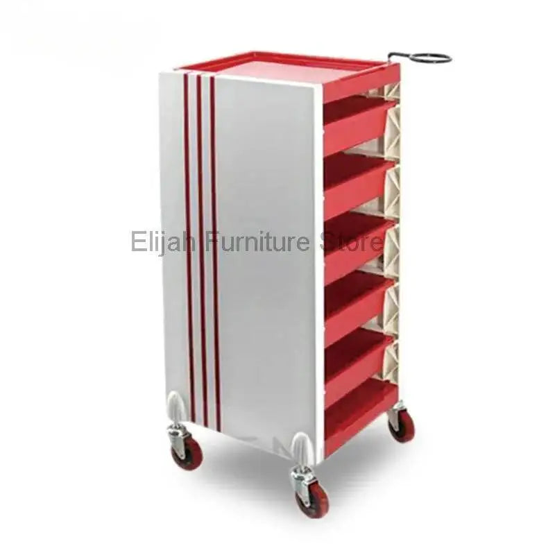 Black cosmetology salon trolley with multiple shelves and wheels, ideal for esthetician and makeup artist beauty salon setups.