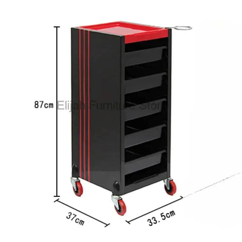 Black cosmetology salon trolley with wheels, storage compartments, for estheticians and beauty salons, sturdy and functional makeup cart.