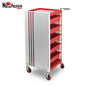 Black cosmetology salon trolley with wheels, metal frame, multiple storage compartments, ideal for estheticians and beauty salons.