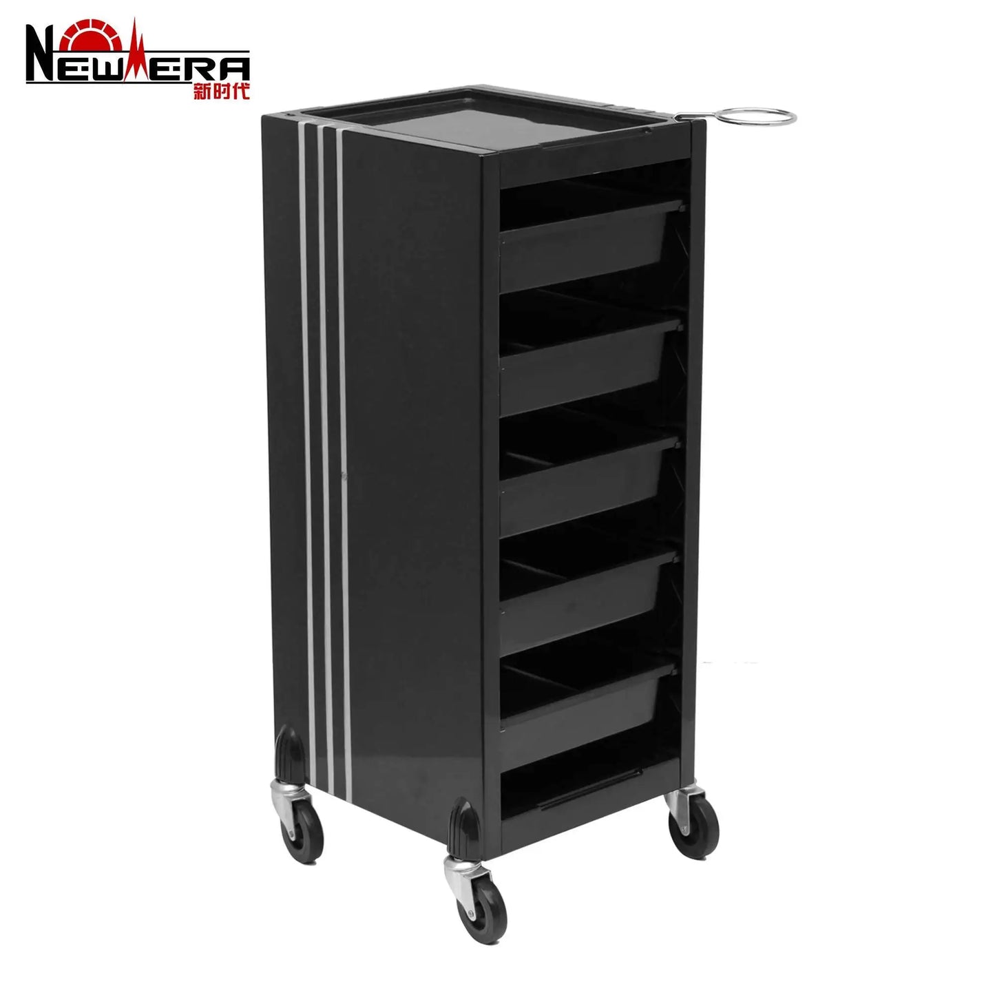 Black cosmetology salon trolley with wheels, storage compartments, and sleek design for esthetician and beauty salon use.
