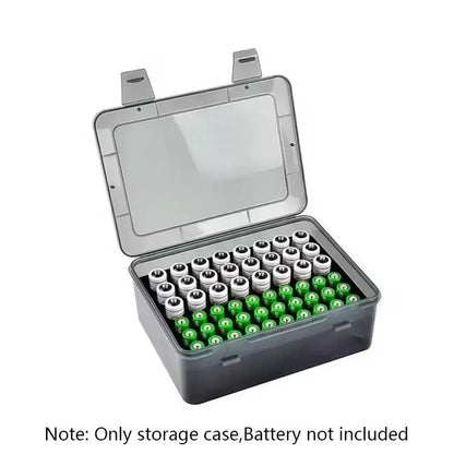 BackupMyFilesNow.com battery storage organizer holds 54 AA and AAA batteries in a sturdy plastic case for garage or home drawer storage.