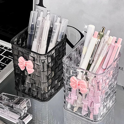 Desktop pen holder and storage box with bow decoration, designed for office supplies organization and stylish desk decor.