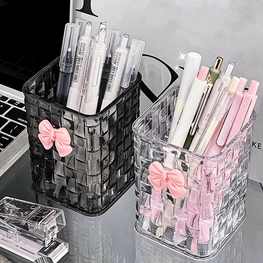 Desktop pen holder and storage box with bow decoration, designed for office supplies organization and stylish desk decor.