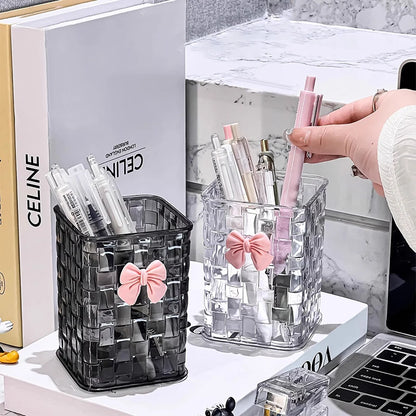 Desktop pen holder and storage box with bow decoration and basket for office supplies, by BackupMyFilesNow.com.