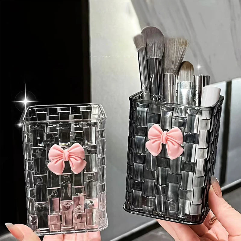 Desktop pen holder and storage box with bow decoration and basket for office supplies, by BackupMyFilesNow.com