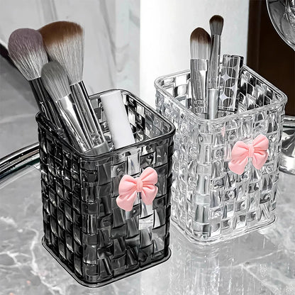 Desktop pen holder and storage box with bow decoration and basket for organizing office supplies, by BackupMyFilesNow.com