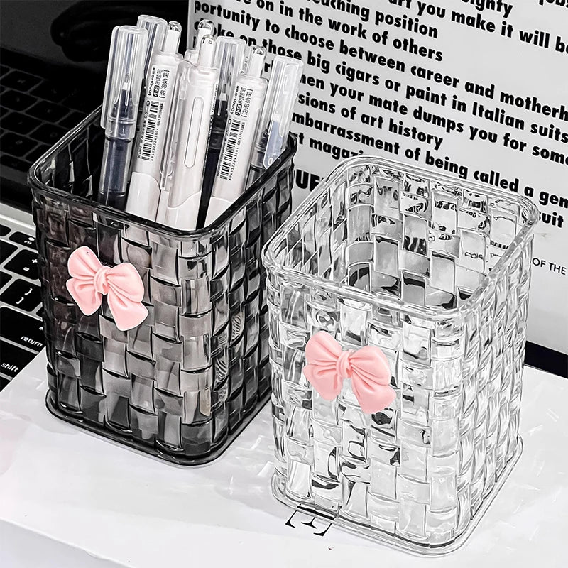 Desktop pen holder and storage box with bow decoration and basket for organizing office supplies, by BackupMyFilesNow.com