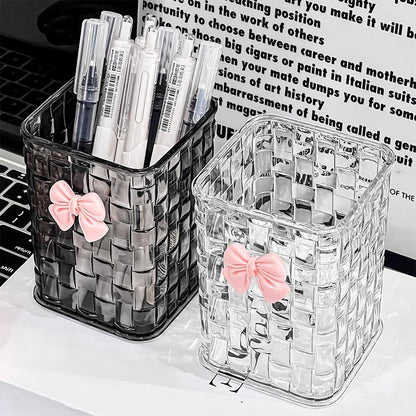 Desktop pen holder and storage box with bow decoration and basket for organizing office supplies, by BackupMyFilesNow.com