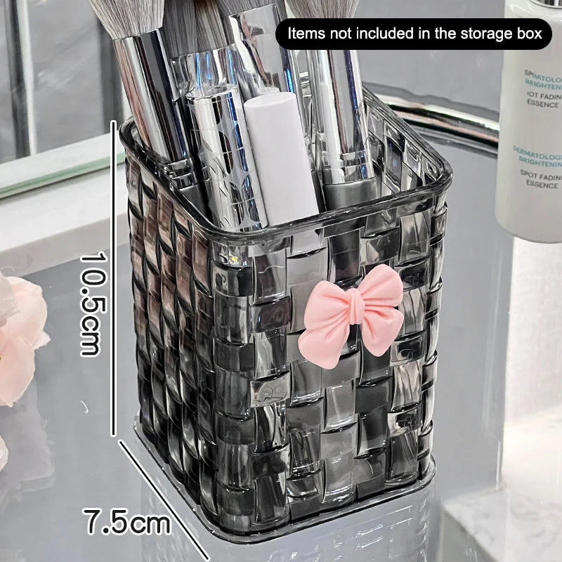 Desktop pen holder and storage box with bow decoration and basket for office supplies, from BackupMyFilesNow.com.