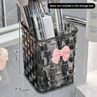 Desktop pen holder and storage box with bow decoration and basket for office supplies, from BackupMyFilesNow.com.