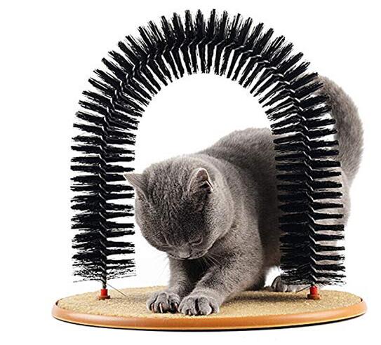 Grooming cat toy arch by BACKUPMYFILESNOW.COM® with colorful hanging toys and scratching surfaces for feline entertainment.
