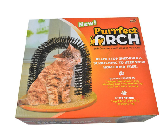 Grooming cat toy arch from BACKUPMYFILESNOW.COM® with colorful hanging toys for interactive feline play.