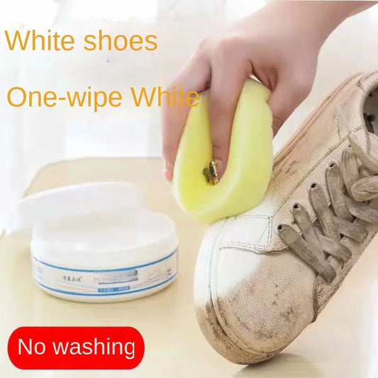 BackupMyFilesNow anhydrous cleaning cream used on small white sneakers and canvas shoes for effective household shoe cleaning.