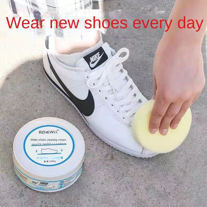 Anhydrous cleaning cream in a small container used for cleaning white sneakers and canvas shoes.