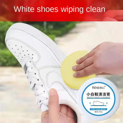 Anhydrous cleaning cream in a small container used to clean white canvas sneakers and shoes, showcased on a white background.