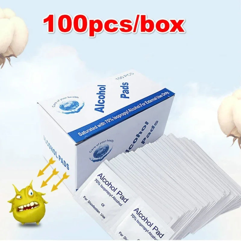 Portable alcohol swabs for earring and phone cleaning, individually packaged with 70% alcohol for disinfecting and wiping surfaces.