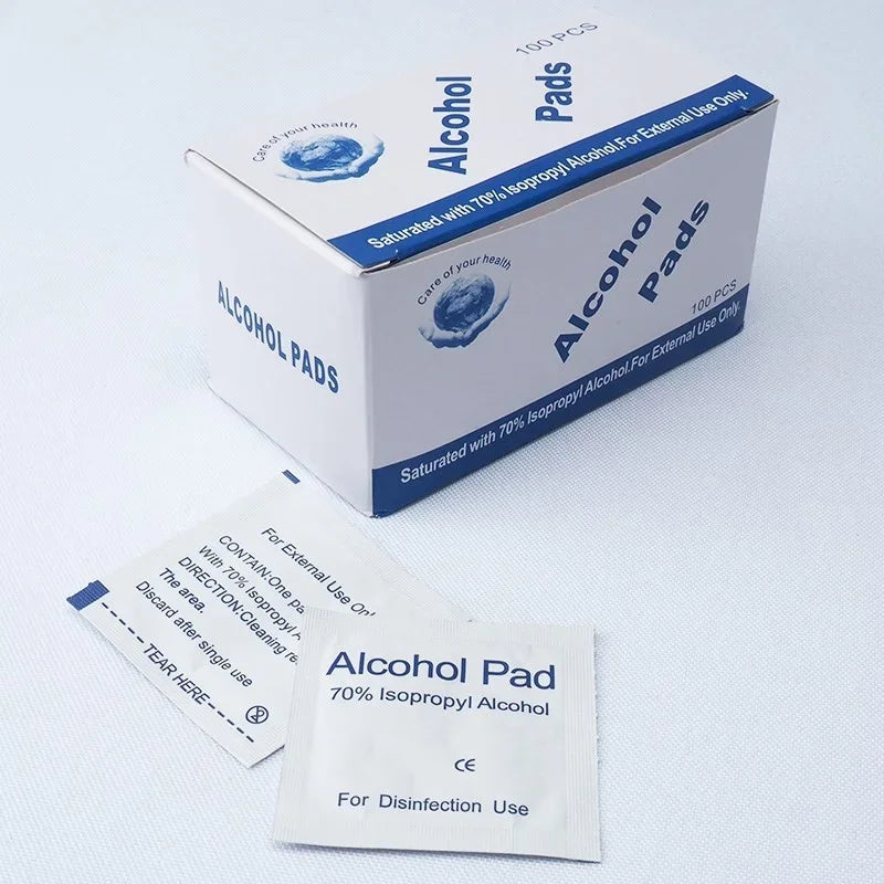 Portable alcohol swabs for earring and phone cleaning, individually packaged with 70% alcohol for disinfecting and wiping.