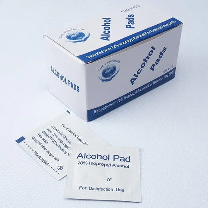 Portable alcohol swabs for earring and phone cleaning, individually packaged with 70% alcohol for disinfecting and wiping.