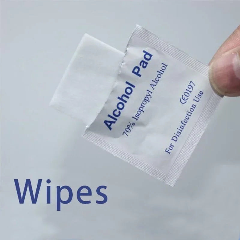 Portable alcohol swabs in individual packaging for earring and phone cleaning, containing 70% alcohol for disinfecting and wiping.