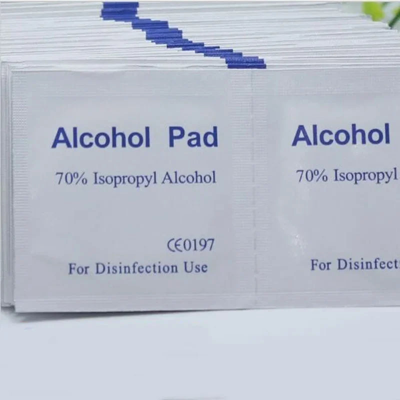 Portable alcohol swabs for earring and phone cleaning, individually packaged with 70% alcohol for disinfecting and wiping.