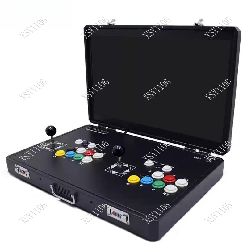 Portable folding home arcade game machine with double screens, joystick, and all-in-one entertainment system for fun gaming sessions.