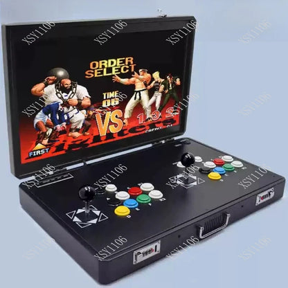 Portable folding arcade game machine with double screens, joystick, and all-in-one design for home entertainment and fun.