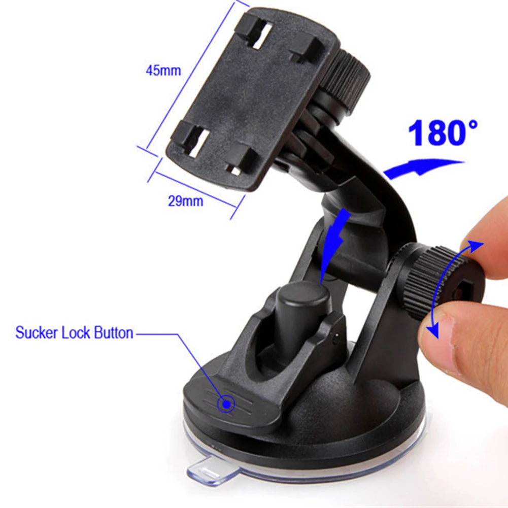 Vehicle-mounted GPS stand with adjustable windshield suction cup holder and dash cam bracket, in black.