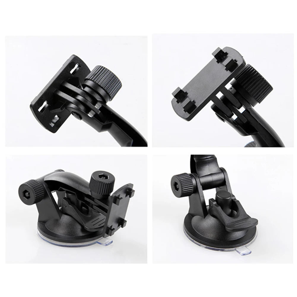 Vehicle-mounted GPS stand with adjustable windshield suction cup holder for car dash cam and accessories, black plastic design.