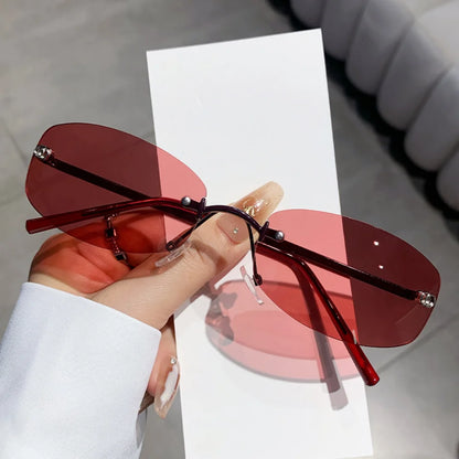 Luxury frameless sunglasses for women and men with UV400 protection, stylish design, perfect for travel, hiking, and driving.