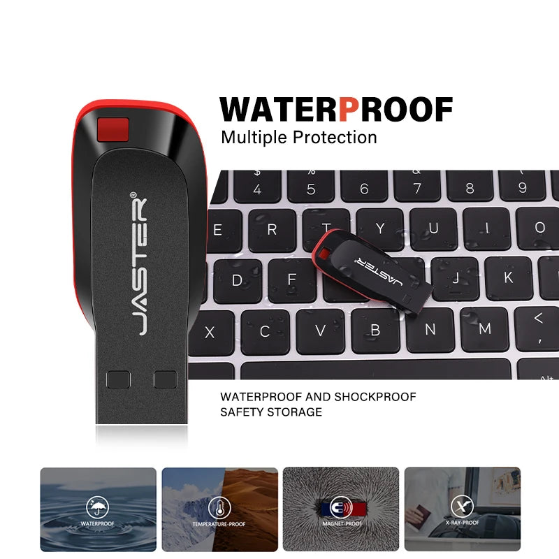 Red plastic USB flash drive with key ring, available in 128MB, 4GB, 16GB, and 32GB, compatible with car, TV, and computer.