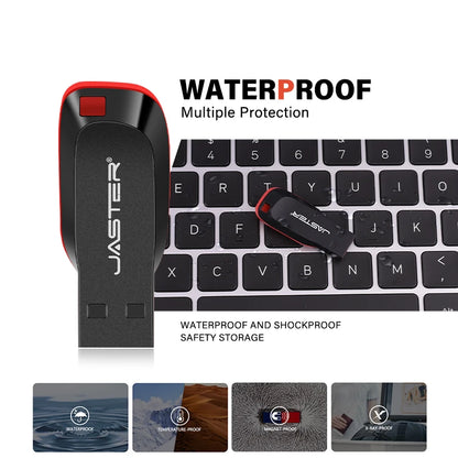 Red plastic USB flash drive with key ring, available in 128MB, 4GB, 16GB, and 32GB, compatible with car, TV, and computer.