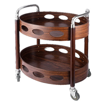 Portable 3-tier wooden snack and dessert display stand on wheels, ideal for parties and offices, with a versatile serving trolley design.